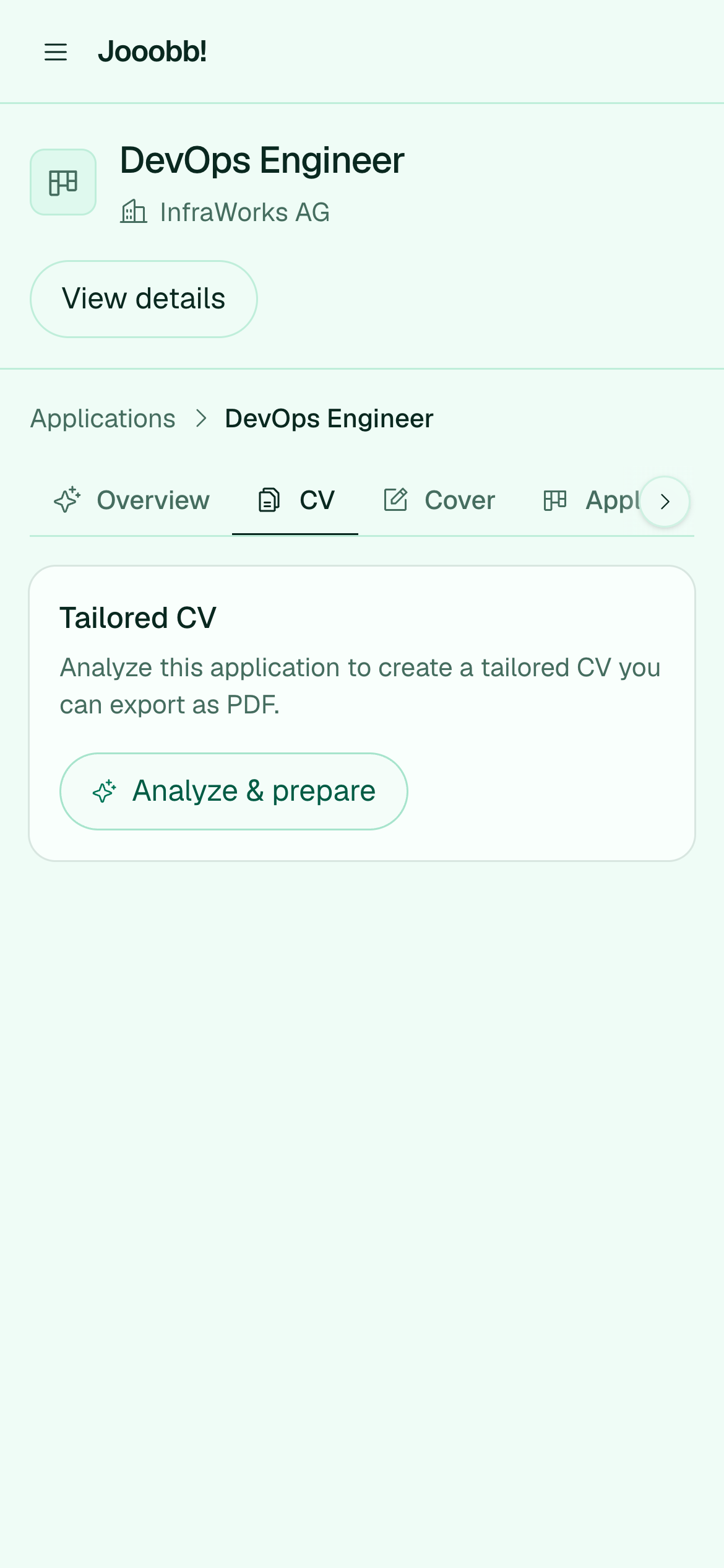 CV tab on an application
