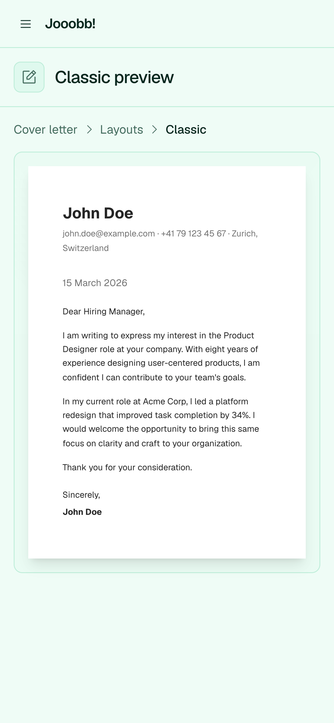 Classic cover letter layout preview