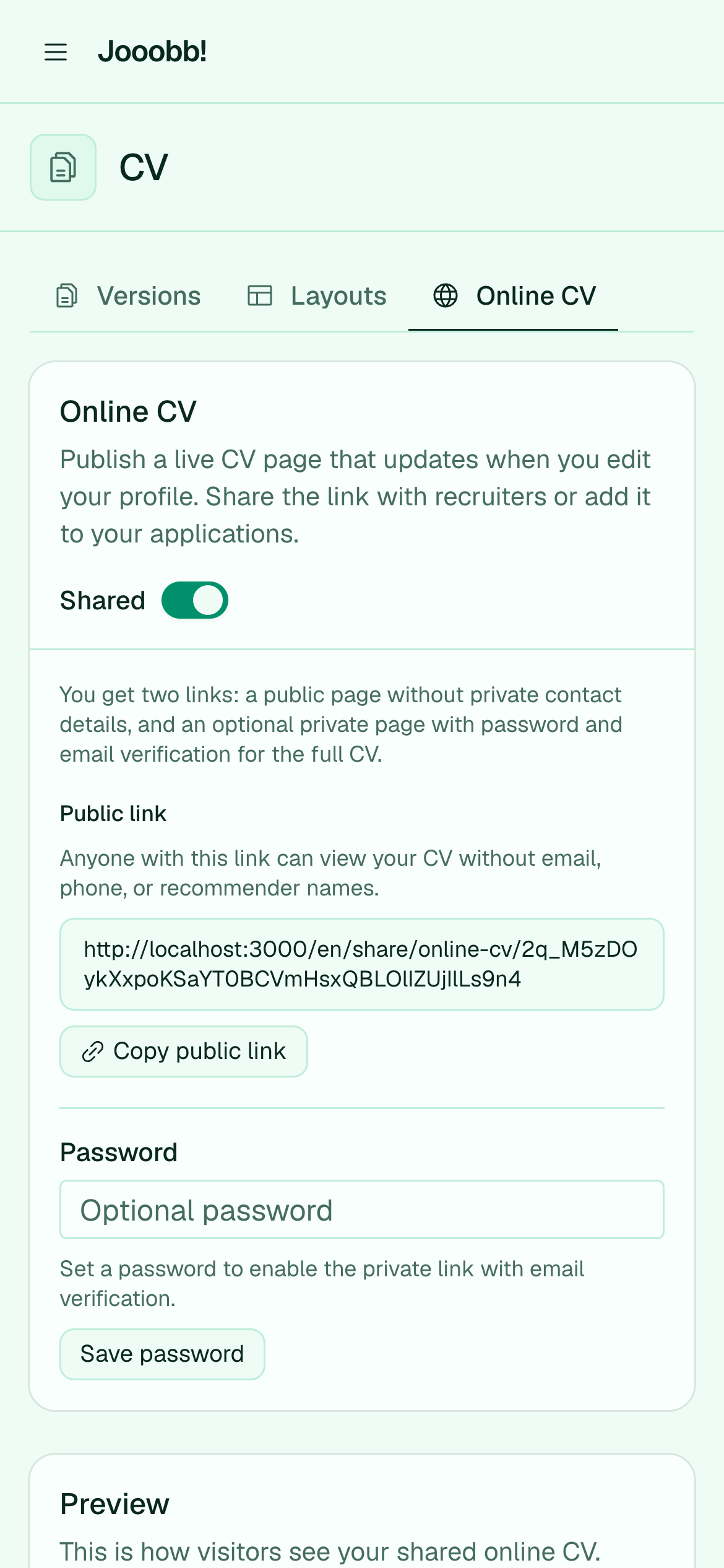 Online CV settings and preview links