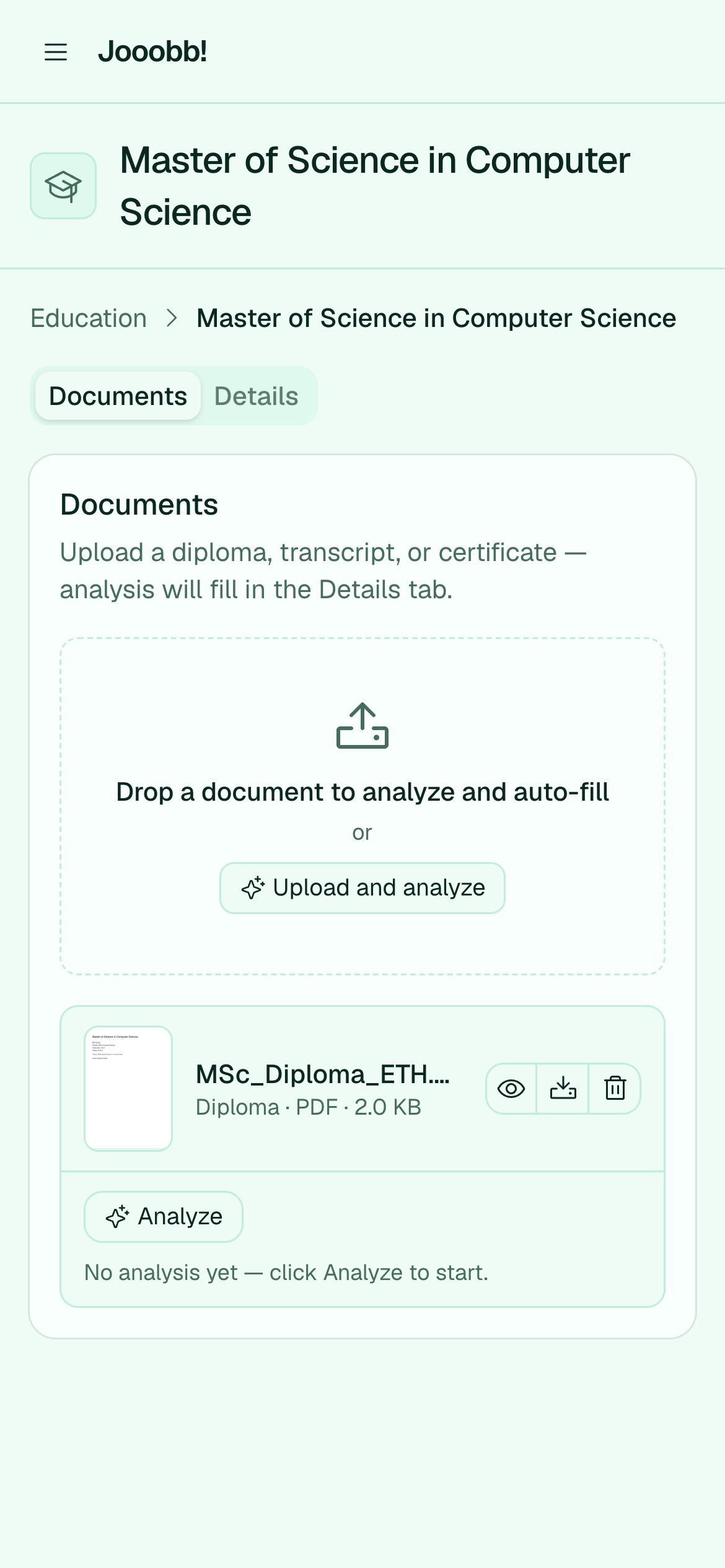 Education entry editor with details and documents