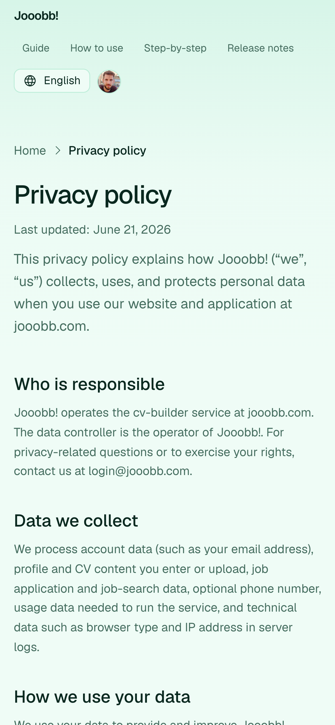Public privacy policy page