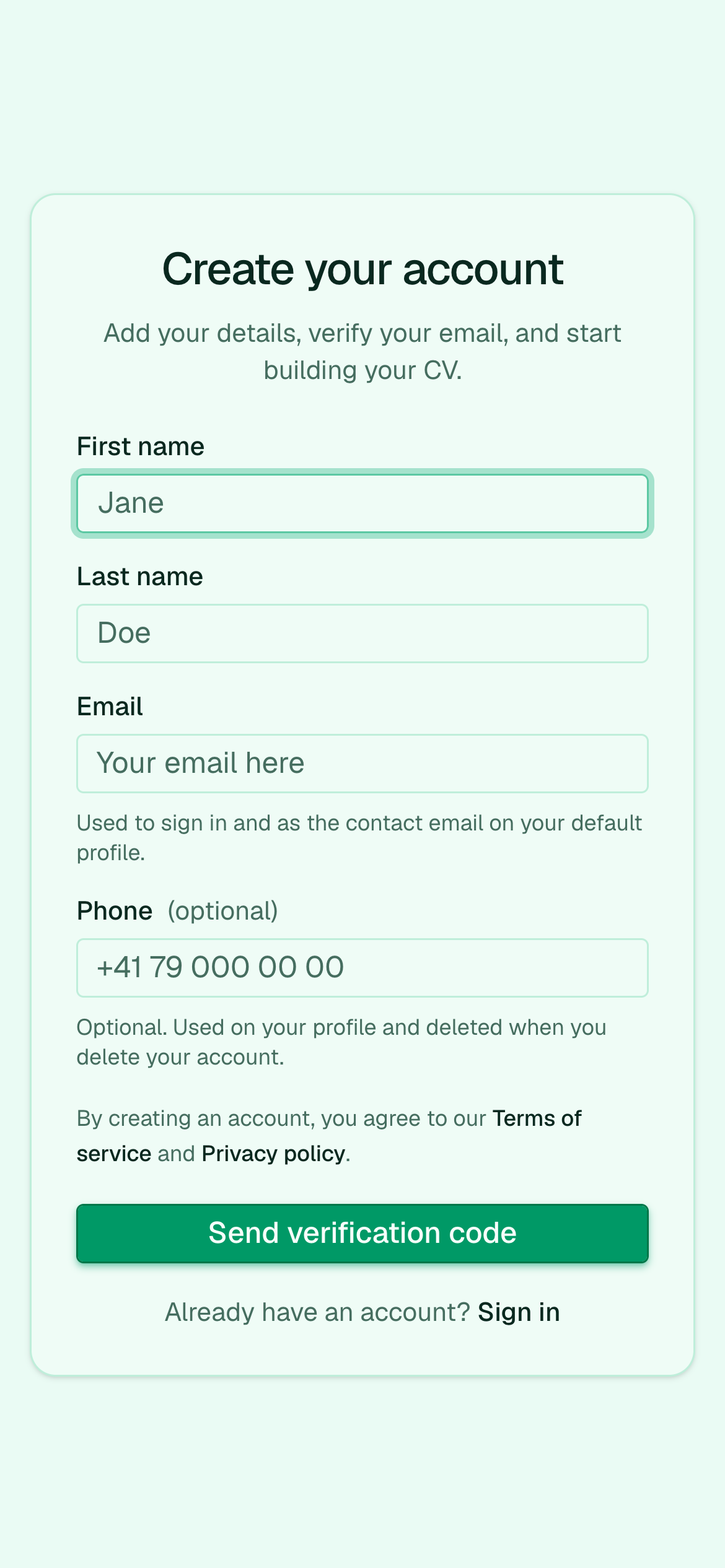 Sign up page with email verification